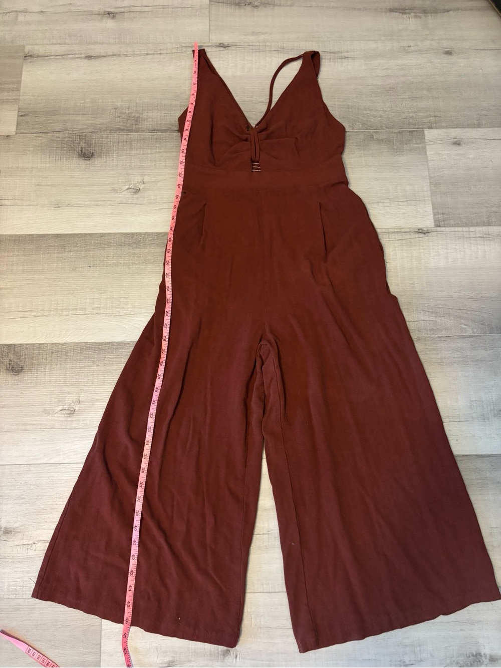 ANRABESS Rust Red Linen Blend Wide Leg Jumpsuit Deep V Smocked Back L - Picture 7 of 13